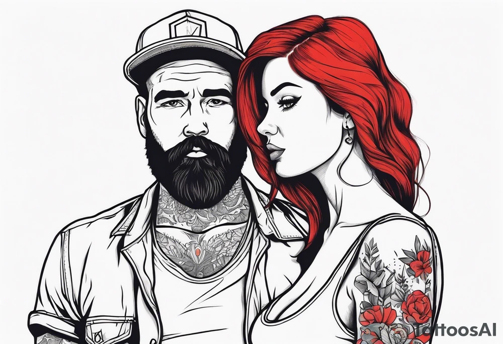 Busty red haired woman with a bearded man who has black hair tattoo idea