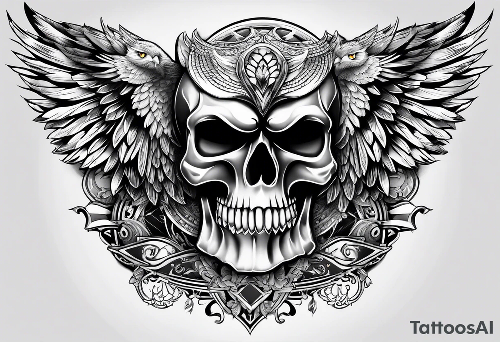 Gothic Skull and owl with open wings tattoo idea