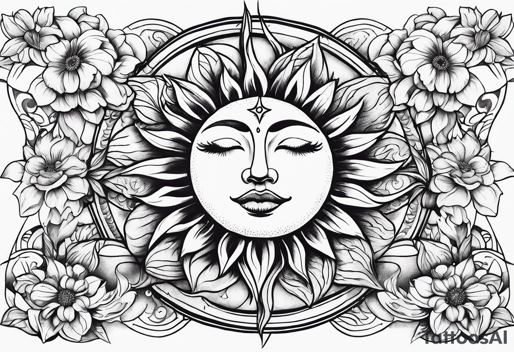 flowers around sun tattoo idea