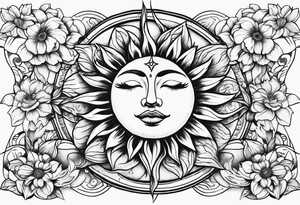 flowers around sun tattoo idea