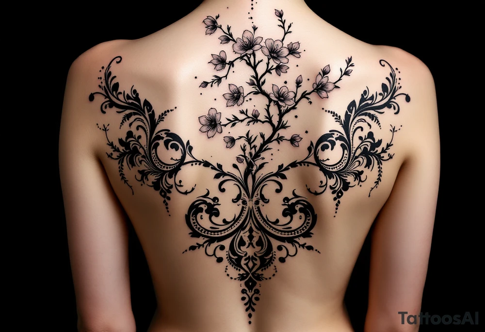 full back tattoo
	1.	Cherry Blossom Flow (Central Spine): A cascading cherry blossom flowing vertically along the spine to cover the central portion of the existing tattoo. Symmetrical patterns inspired by ornamental designs, with intricate curves and dotwork extending outward from the base of the spine. These elements should balance the floral motif and enhance the lower back area with a decorative, feminine flair.
	3.	Dotwork and Contouring: Delicate linework and dot patterns should be added around the floral design to give texture and seamlessly blend the tattoo with the surrounding skin. The ornamentation should curve naturally along the shape of the body, creating a cohesive, elegant look. tattoo idea