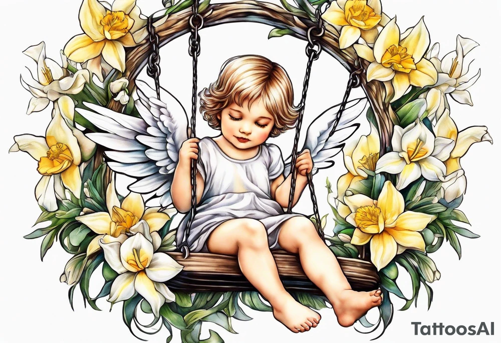 angel child on swing with sagging wings, head down surrounded by lily, daffodil, rose, daisy, narcissus tattoo idea