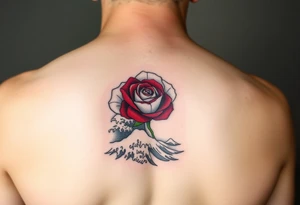 Deltoid tattoo of a beautiful red rose in the middle surrounded by the Great Wave off Kanagawa in black and white. tattoo idea