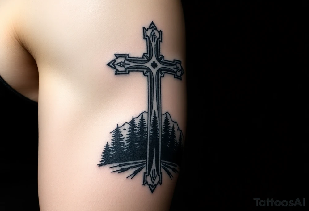 russian orthodox cross with the diagonal line at the bottom with a light forrest with a light mountainous setting tattoo idea