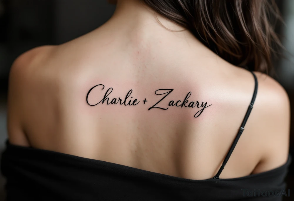 Create a delicate tattoo design that seamlessly integrates the names "Charlie" and "Zackary" in graceful, flowing cursive. Enclose the names within a softly stylized symbol that embodies strength and unity. add other symbol tattoo idea