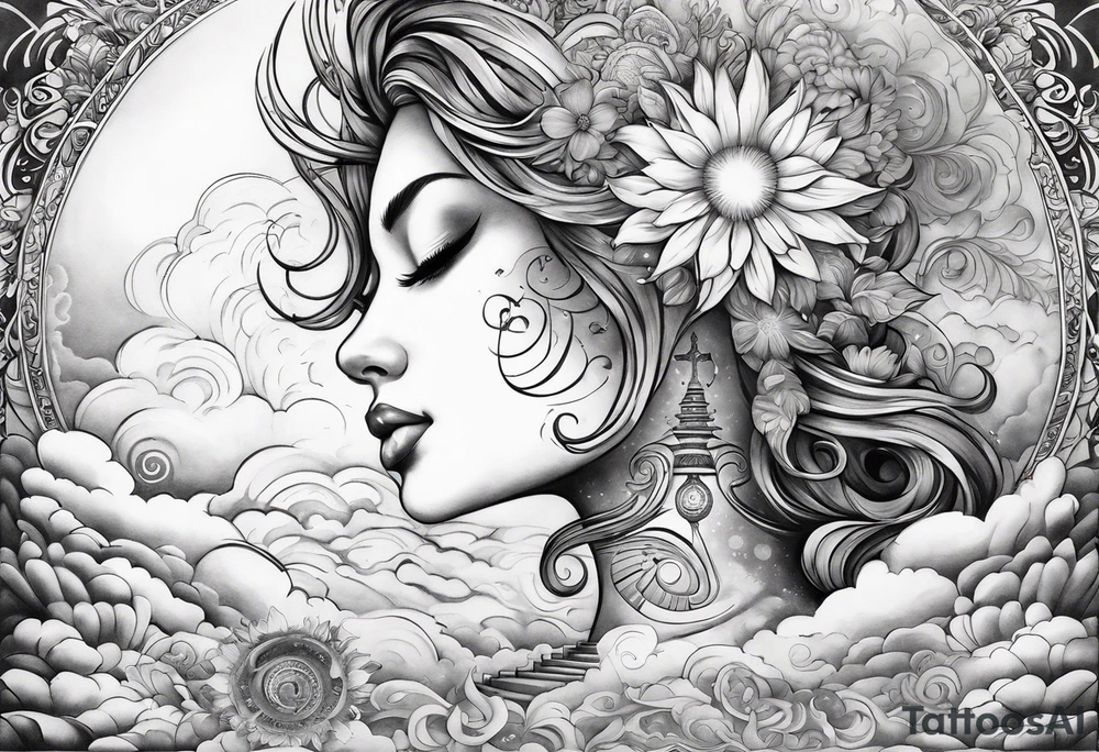 spiritual neck sleeve with stairway to heaven with clouds and rays, cosmo, iris, daisy flower and om symbol on throat
no woman in design tattoo idea