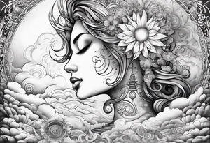spiritual neck sleeve with stairway to heaven with clouds and rays, cosmo, iris, daisy flower and om symbol on throat
no woman in design tattoo idea