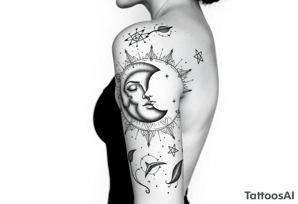 celestial sun and moon embrace with constellation patterns tattoo idea