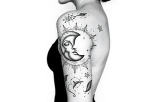 celestial sun and moon embrace with constellation patterns tattoo idea