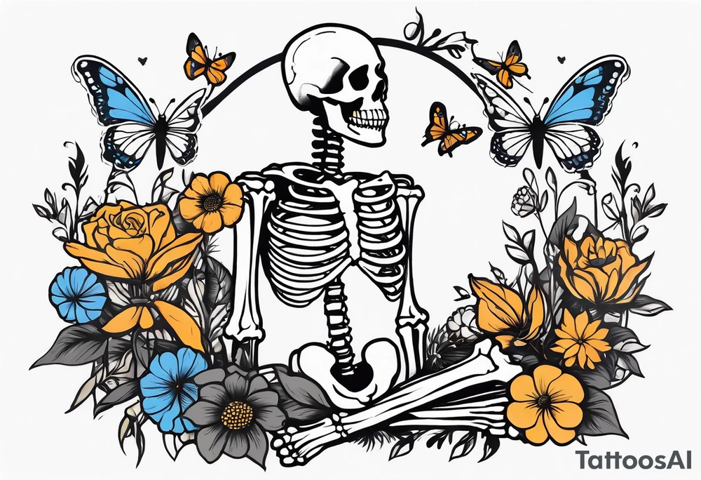 full body skeleton
 flowers and butterflies
simple design minimal words "dry bones come alive" tattoo idea