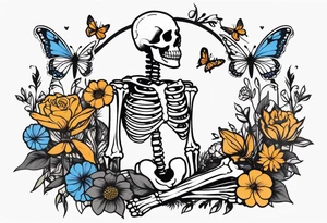 full body skeleton
 flowers and butterflies
simple design minimal words "dry bones come alive" tattoo idea