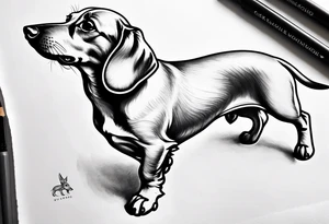 Create a minimalist tattoo of a small Dachshund, capturing its unique shape and playful demeanor with clean lines. tattoo idea