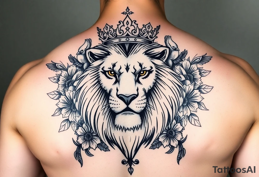 powerful majestic lion with a crown, surrounded by floral ornaments and birds tattoo idea