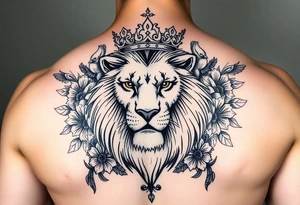 powerful majestic lion with a crown, surrounded by floral ornaments and birds tattoo idea