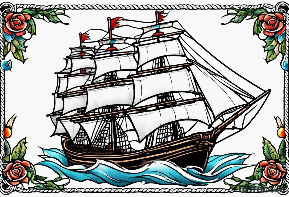 american traditional ship. rope border tattoo idea