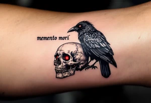 A dark gray raven perched on a human skull with deep red eyes, "memento mori" in handwritten blackletter across the top. tattoo idea
