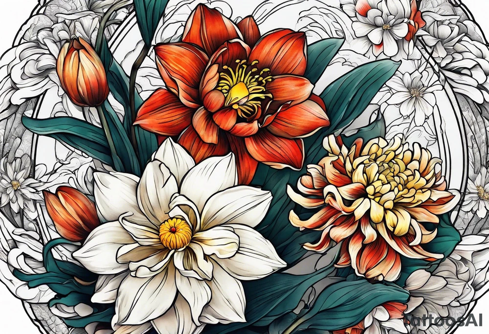 Narcissus and chrysanthemum intertwined tattoo idea