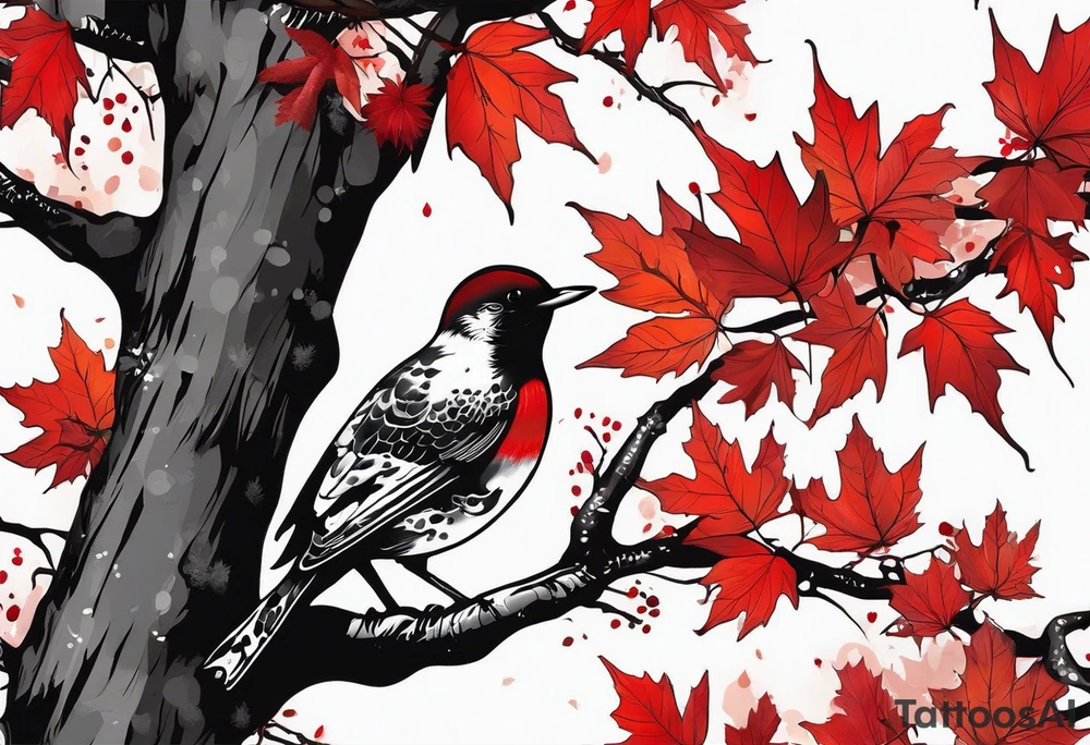 trash polka style. Arm tattoo. chest tattoo. Long tattoo. large tattoo. Full sleeve. Shoulder. A single large maple tree with red autumn leaves that branches upwards from wrist to shoulder. White-throated dipper bird on the trees branches. Calluna flowers at the base of the trees stem. Leaves falling. tattoo idea