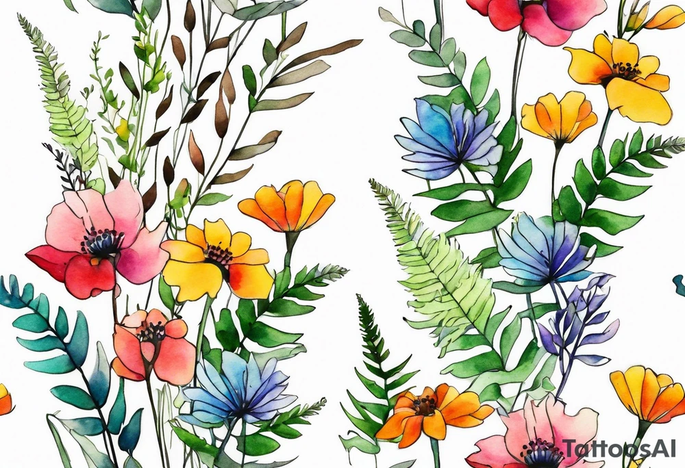 Multi colored wild flowers long stems bouquet with ferns all watercolor tattoo idea