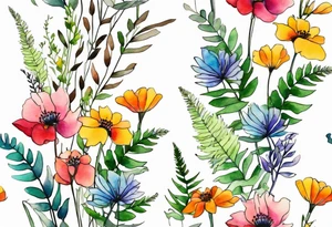 Multi colored wild flowers long stems bouquet with ferns all watercolor tattoo idea