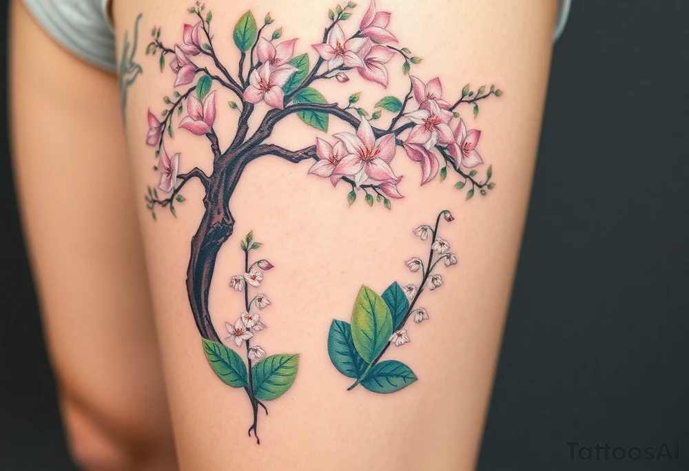 Lilly of the vally plants underneath a blooming hawthorn tree tattoo idea