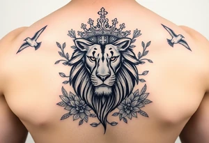 powerful majestic lion with a crown, surrounded by floral ornaments and birds tattoo idea