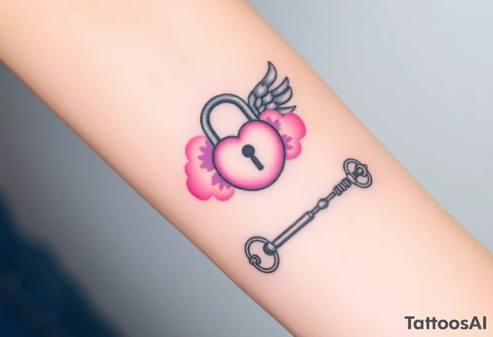 A soft pink and purple cloud lock with angelic wings, and nearby lying a silver key shaped like a shooting star tattoo idea