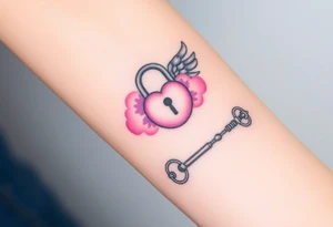 A soft pink and purple cloud lock with angelic wings, and nearby lying a silver key shaped like a shooting star tattoo idea