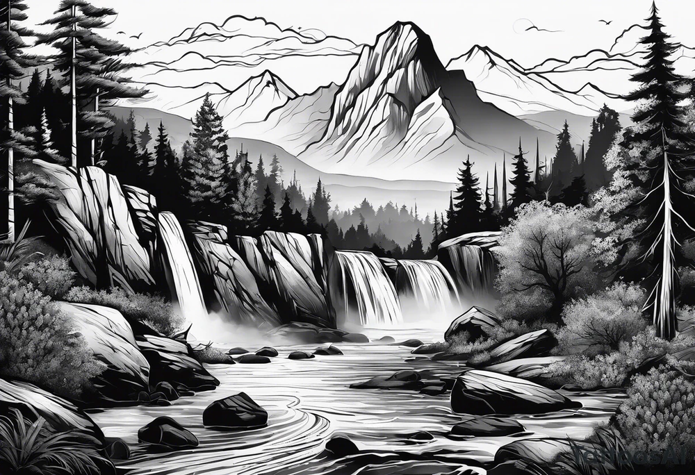 nature landscape with a waterfall and mountains tattoo idea