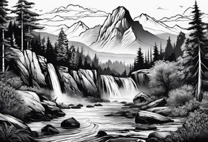 nature landscape with a waterfall and mountains tattoo idea