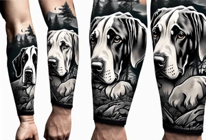 (full arm sleeve on guy) with (4) Four Great Dane floppy ear dogs with an outdoor vibe tattoo idea