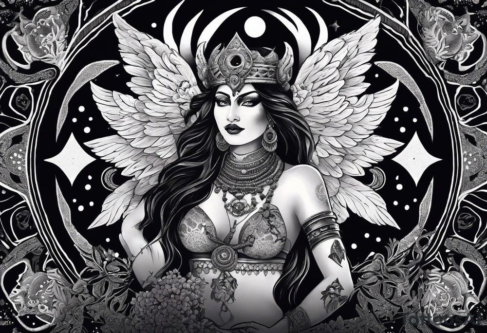 black kali, goddess pirate, alien, angel, pachamama, valkrye, warrior, flying, skull, lotus azul, wing, eagle, zenza resonance, stars, 5D, anahata chakra, death, durga, riding on a tiger, flying lady, kundalini, chest tatoo, samuri, rebel,serpent tattoo idea