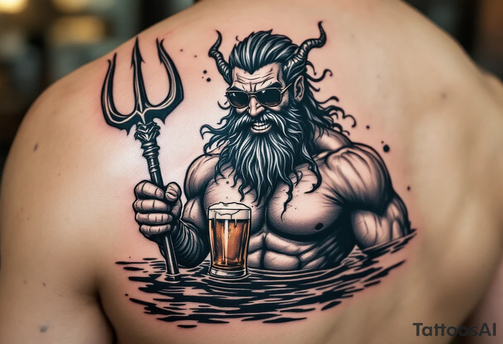 smiling, fit poseidon, with a trident, in calm water, holding a beer, with sunglasses tattoo idea