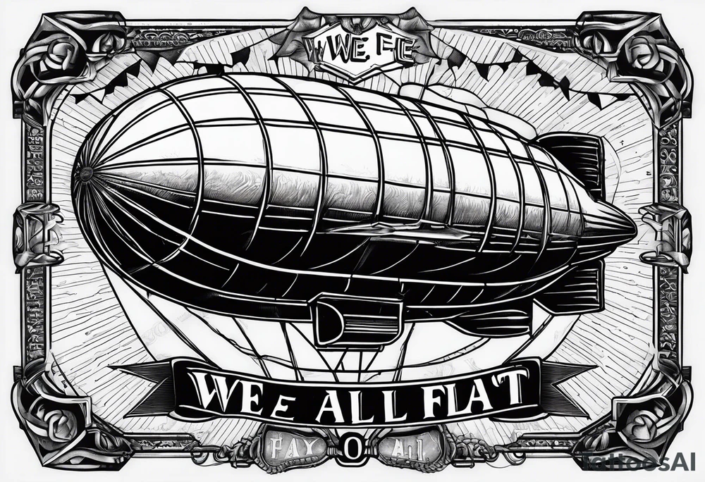 blimp that say "We All Float" going across it with Jason , Michael Myers, penny wise the clown, Chuck and hellraiser face engraved in the blimp tattoo idea