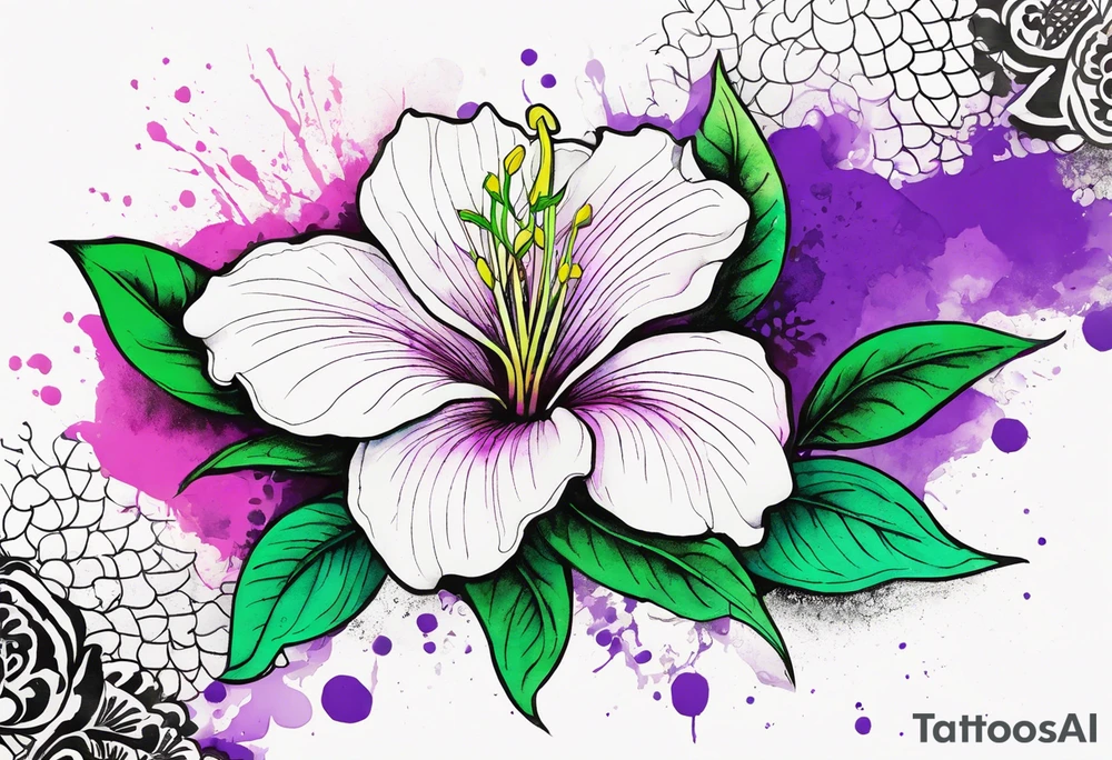 An outline of a rio dipladenia flower with a green and purple watercolor splash in the background tattoo idea