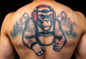 Silverback gorilla wearing amateur wrestling shoes, earmuffs, and an singlet for a match as a person would. The surrounding area is mountainous jungle tattoo idea