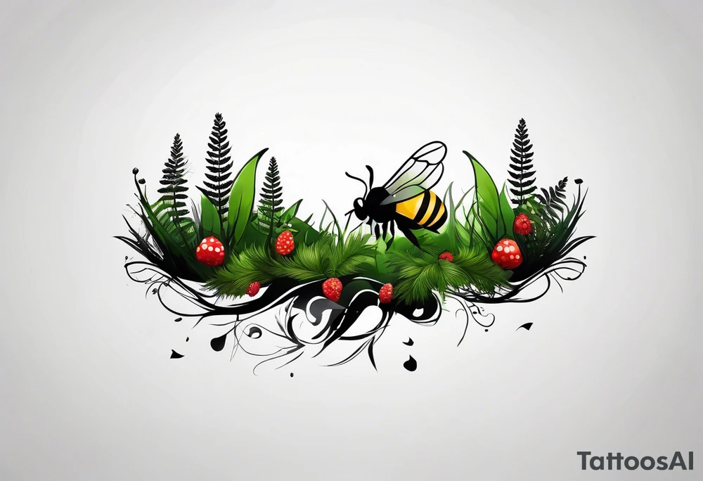 forest floor inspired minimalist tattoo, which includes grass, curly ferns, moss and dead leaves as the bulk of the tattoo. details to include: forest berries, a tiny bumblebee flying nearby, three small brown mushrooms
Generate a vertically long one tattoo idea