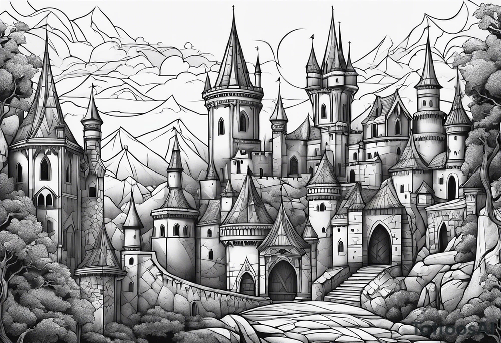 medieval tribal city land vignette tattoo idea