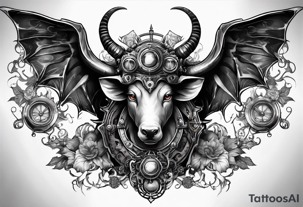 Steampunk chimera with horns tattoo idea