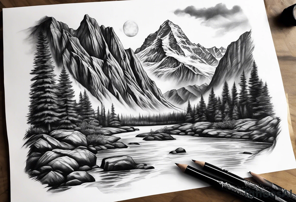 Full sleeve, mountains, river, and waterfall tattoo idea