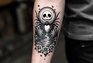 holy jack skellington with wings, fishing, river, roses, palm trees, sun, birds tattoo idea