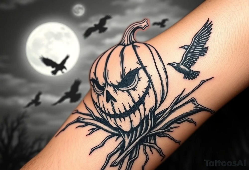 wicked sentinel pumpkin scarecrow. with moonlight in background. crows flying. ornamental fade. realistic very detailed pumpkinhead tattoo idea