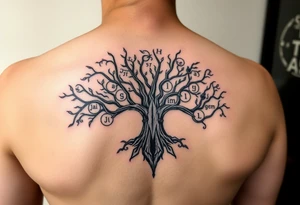 yggadrisl tree of life with circle of runes names Jai, Phoebe, Imogen, Matilda on four branches tattoo idea