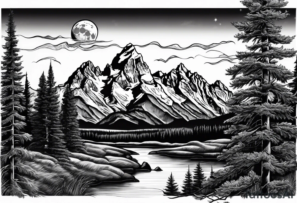 Half sleeve of Teton mountain range, moon In the sky and a few for trees tattoo idea
