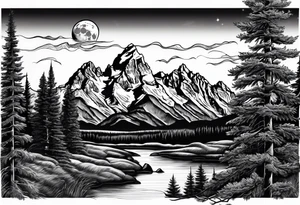 Half sleeve of Teton mountain range, moon In the sky and a few for trees tattoo idea