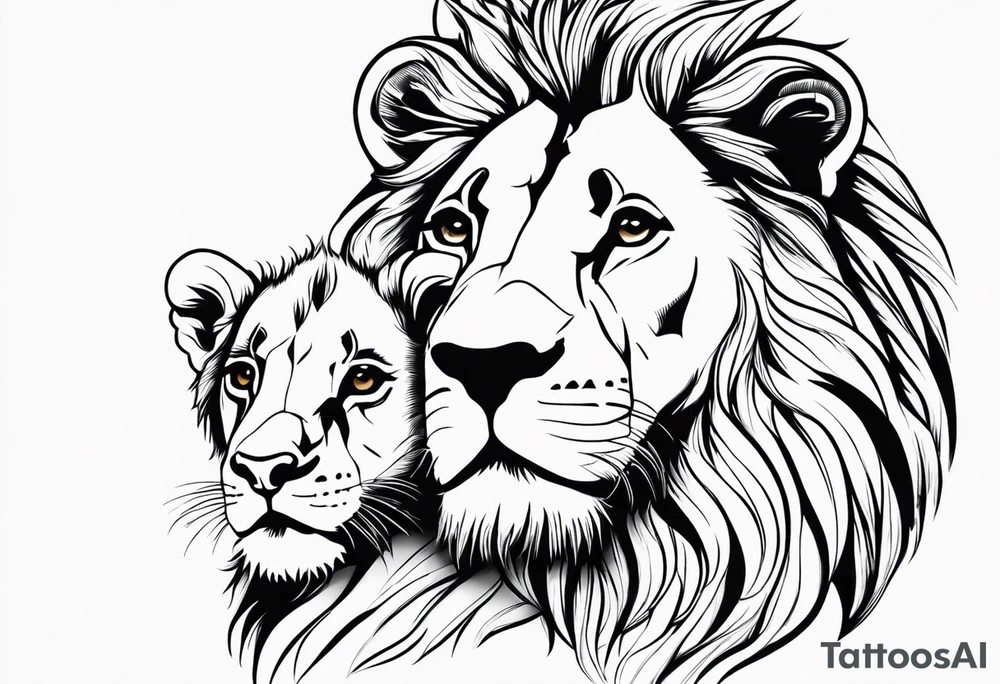 Tete Visage lion coupé en deux avec son bebe tattoo idea