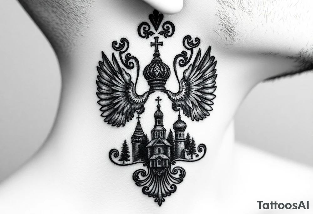 Traditional authentic Russian coat of arms with a Christian orthodox virgin marry in the middle and silhouette in a Russian wilderness Christian orthodoxy dome church village setting on the side of my neck tattoo idea