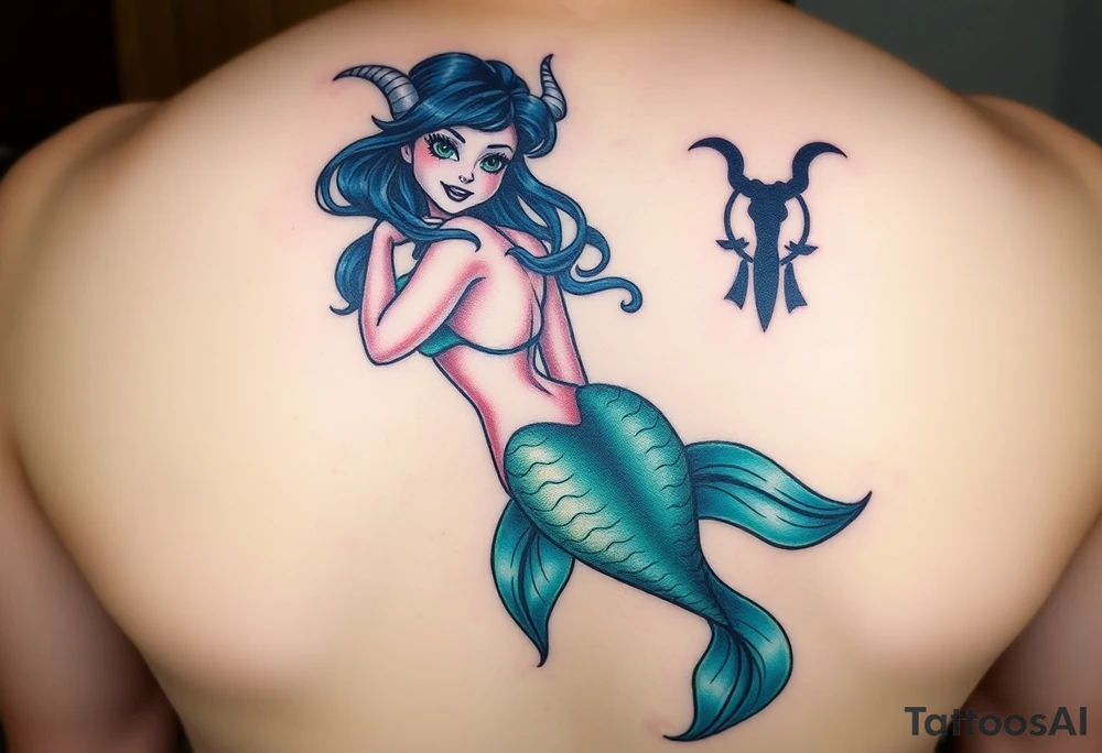 Create a tattoo design of a mermaid in a pin-up style. She should have a blue and green tail,  colorful hair, green eyes. I’d like her in a scene with the zodiac signs of Piscis and Taurus represented. She should look happy and blissful. Colors should be vibrant with soft lines tattoo idea