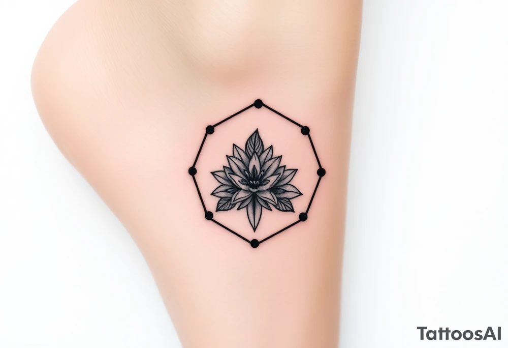 Faint Hexagon with astrological sign for Leo, larkspur and water lilies in the center tattoo idea