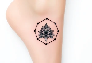 Faint Hexagon with astrological sign for Leo, larkspur and water lilies in the center tattoo idea